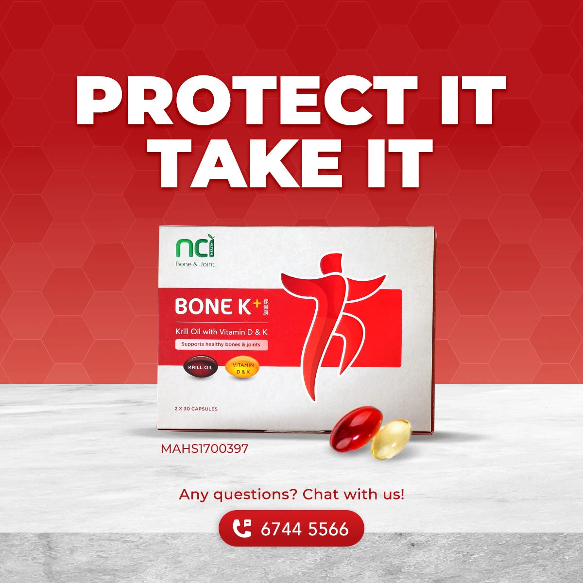 NCI Bone K+- Krill Oil (Omega-3), Vitamin D3 And K2 MK-7 bone supplement Singapore supports joint and bone health. Order via 6744 5566 now!