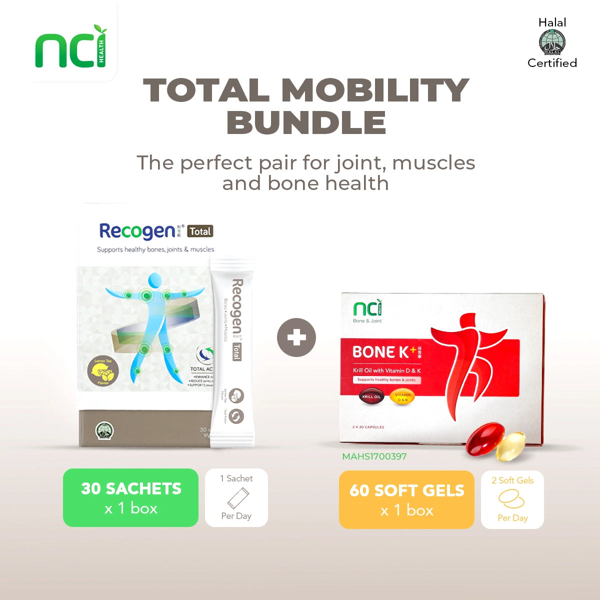 NCI Recogen helps with joint cartilage, while Bone K+® supports bone health. Order via 6744 5566 now!