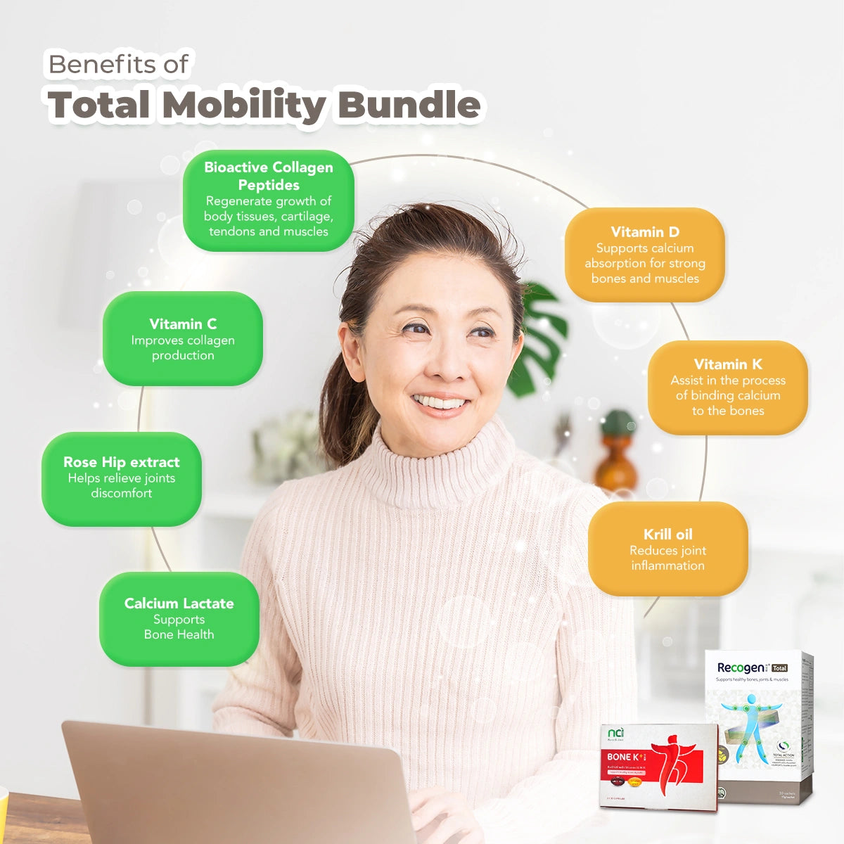 NCI Recogen helps with joint cartilage, while Bone K+® supports bone health. Order via 6744 5566 now!