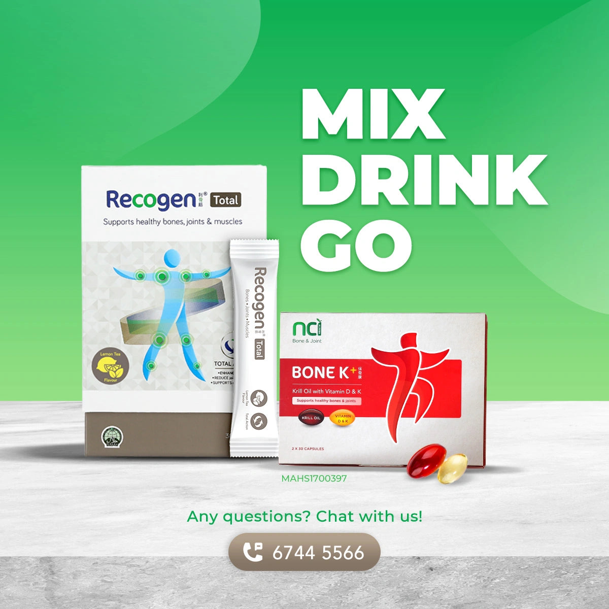 NCI Recogen helps with joint cartilage, while Bone K+® supports bone health. Order via 6744 5566 now!