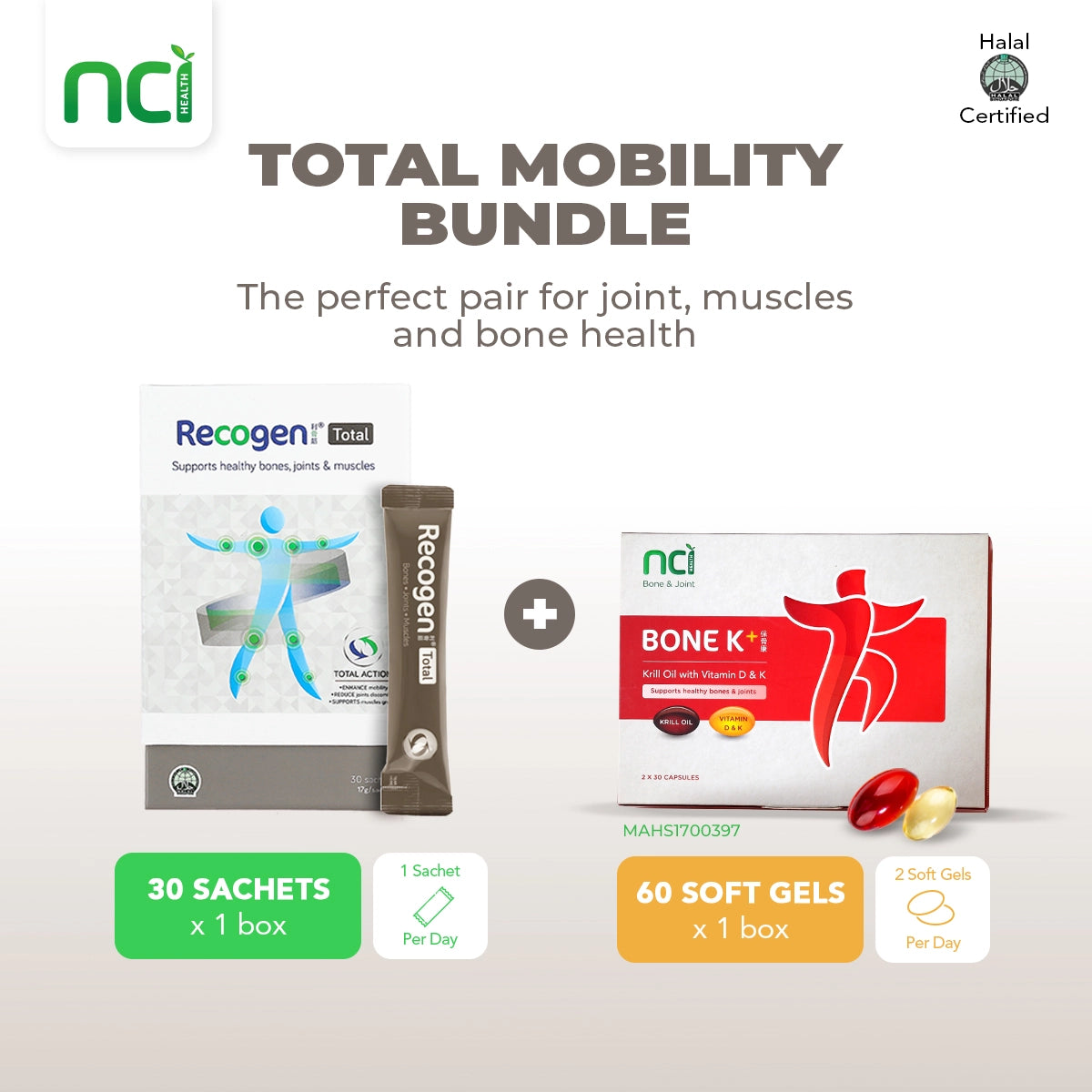 NCI Recogen helps with joint cartilage, while Bone K+® supports bone health. Order via 6744 5566 now!
