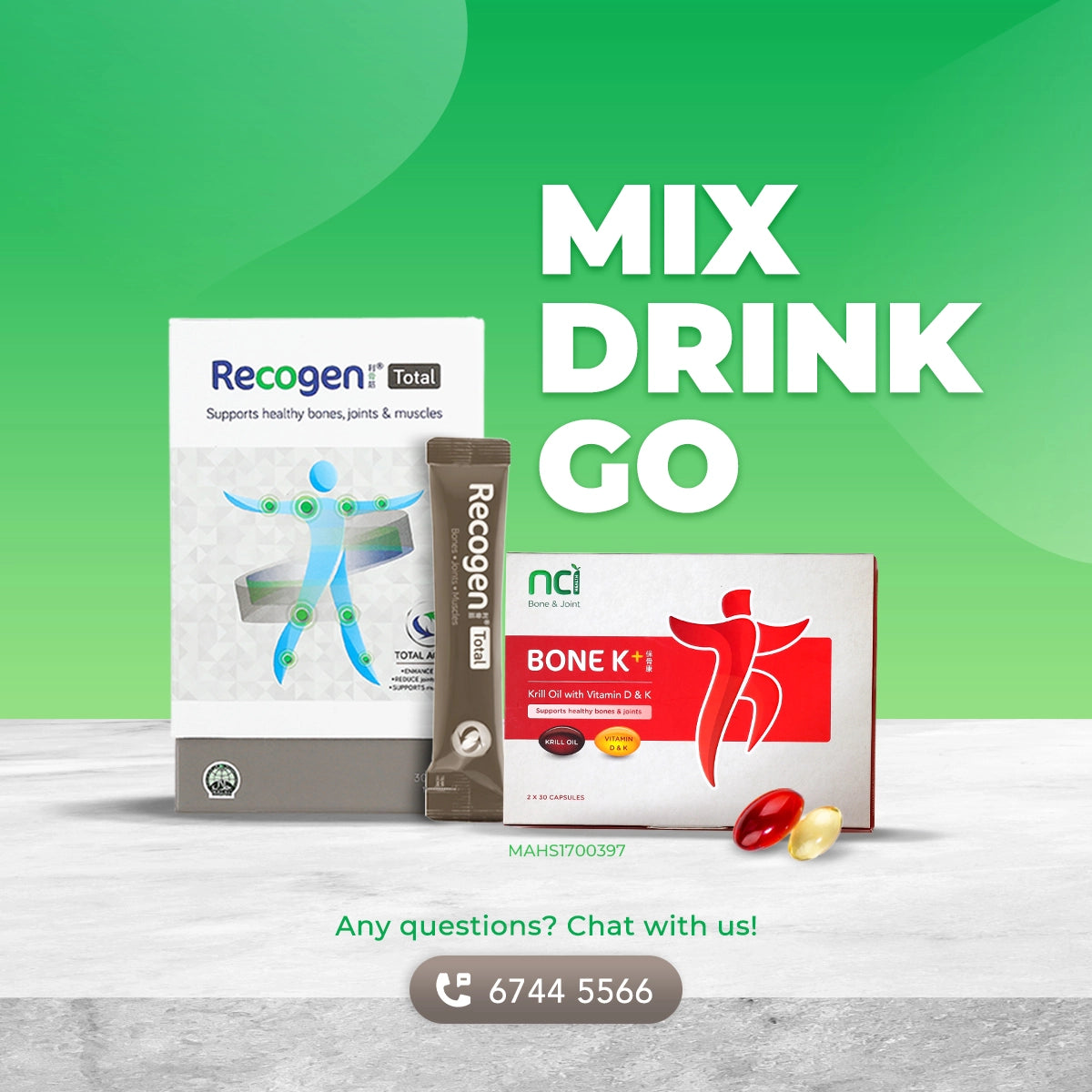 NCI Recogen helps with joint cartilage, while Bone K+® supports bone health. Order via 6744 5566 now!