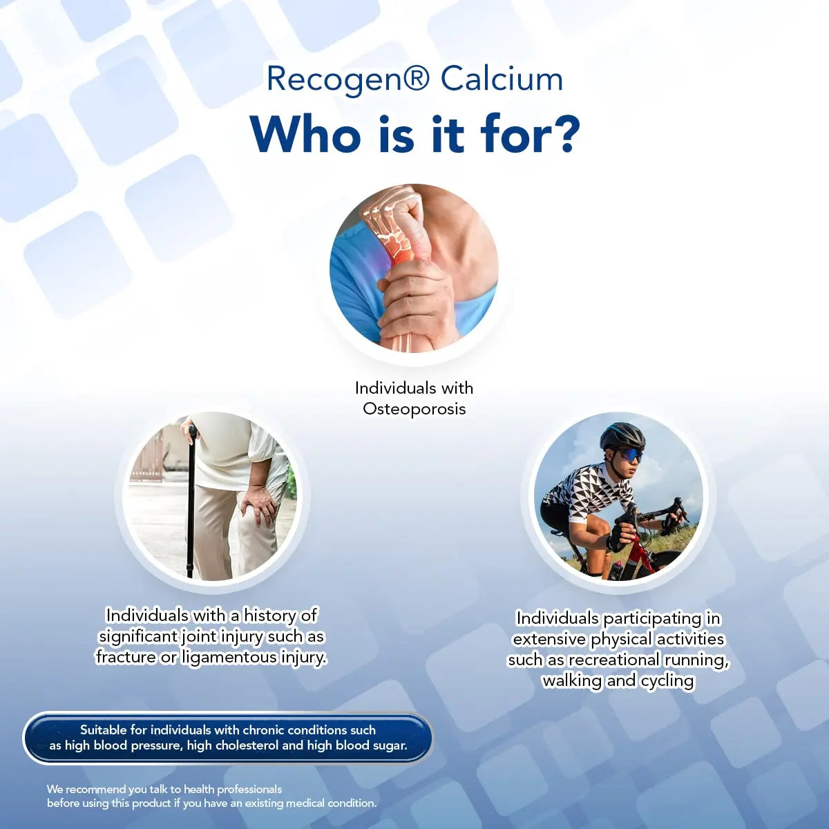 NCI Recogen Calcium joint supplement Singapore is enriched with calcium for strong joints and bones. Order via 6744 5566 now!