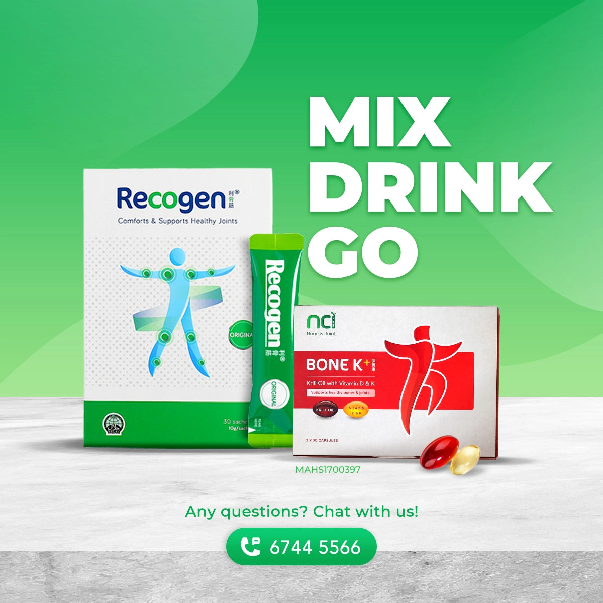 NCI Recogen helps with joint cartilage, while Bone K+® supports bone health. Order via 6744 5566 now!
