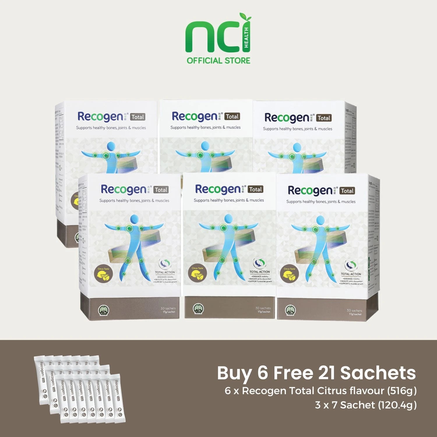 NCI Recogen Total Citrus flavour joint supplement Singapore supports joint, bone and muscle growth. Order via 6744 5566 now!