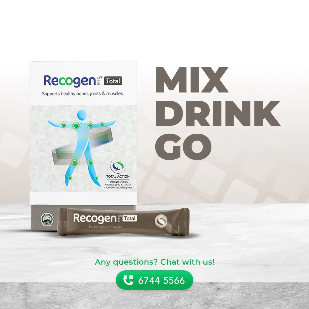 NCI Recogen Total joint supplement Singapore supports joint, bone and muscle growth. Order via 6744 5566 now!