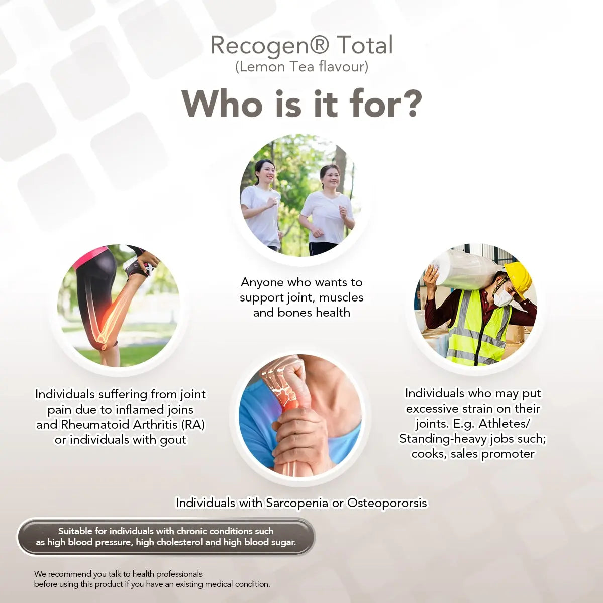 NCI Recogen Total Lemon Tea joint supplement Singapore supports joint, bone and muscle growth. Order via 6744 5566 now!