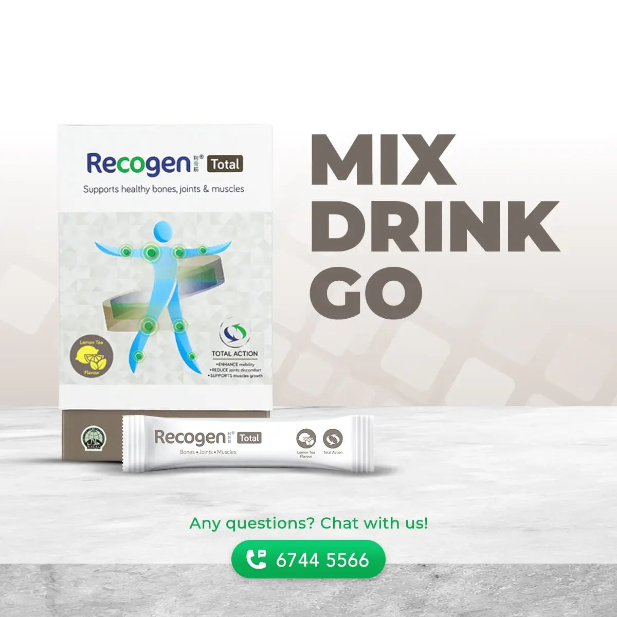 NCI Recogen Total Lemon Tea joint supplement Singapore supports joint, bone and muscle growth. Order via 6744 5566 now!