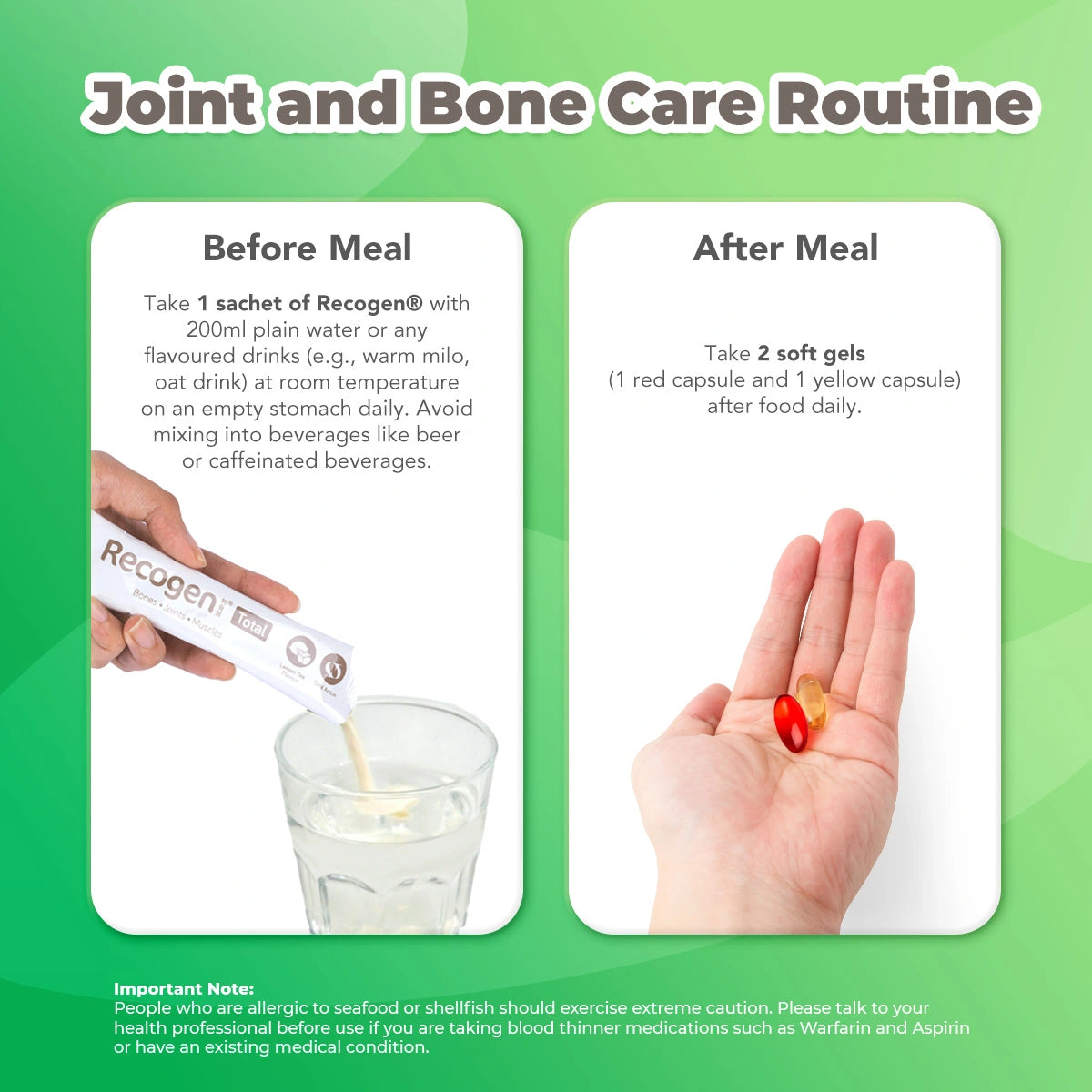 NCI Recogen helps with joint cartilage, while Bone K+® supports bone health. Order via 6744 5566 now!