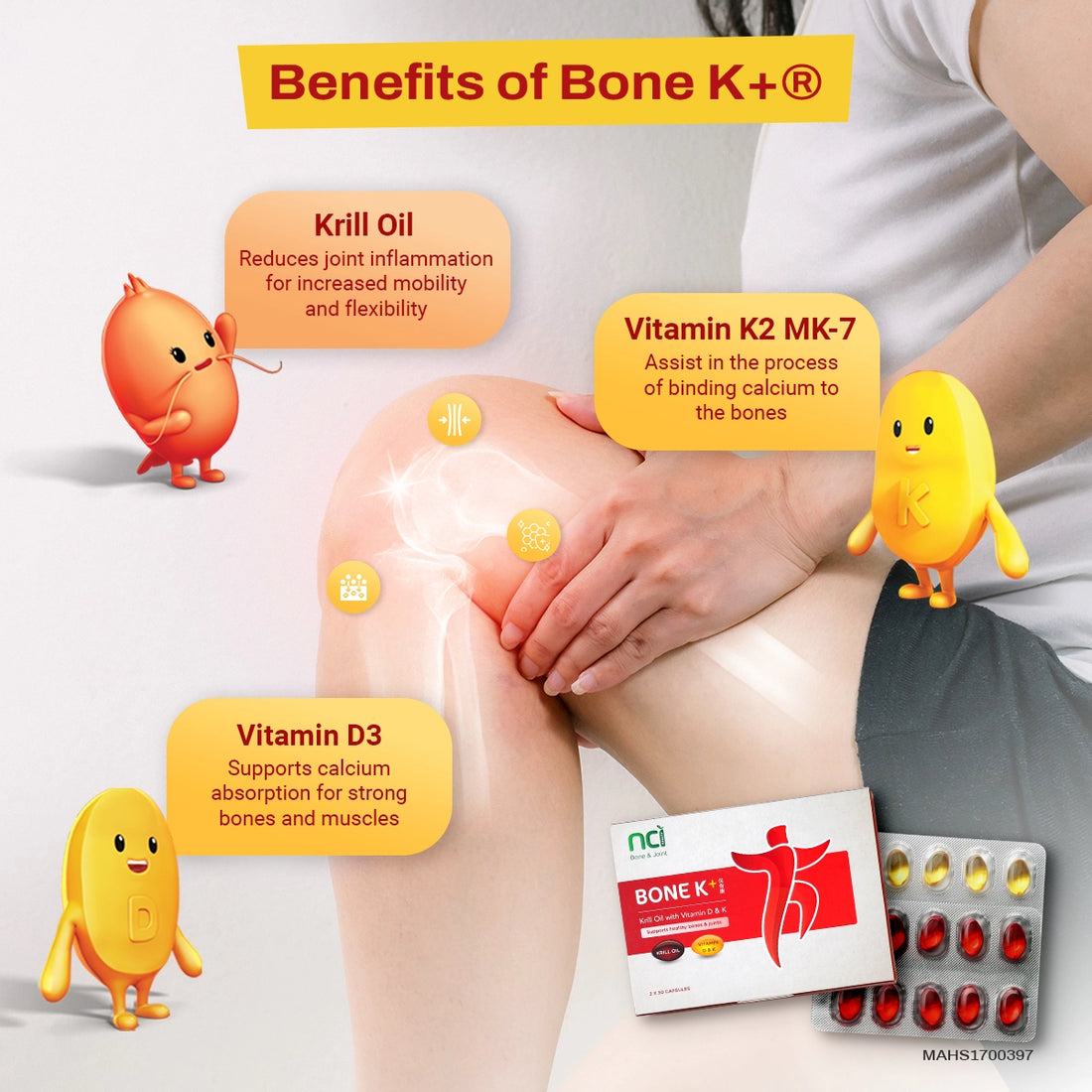 NCI Bone K+- Krill Oil (Omega-3), Vitamin D3 And K2 MK-7 bone supplement Singapore supports joint and bone health. Order via 6744 5566 now!