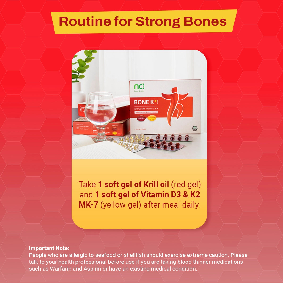 NCI Bone K+- Krill Oil (Omega-3), Vitamin D3 And K2 MK-7 bone supplement Singapore supports joint and bone health. Order via 6744 5566 now!