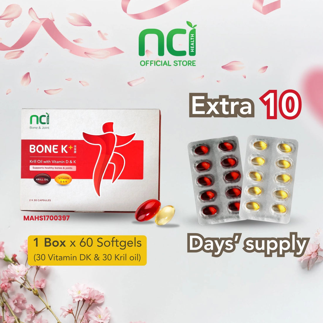 NCI Bone K+- Krill Oil (Omega-3), Vitamin D3 And K2 MK-7 bone supplement Singapore supports joint and bone health. Order via 6744 5566 now!