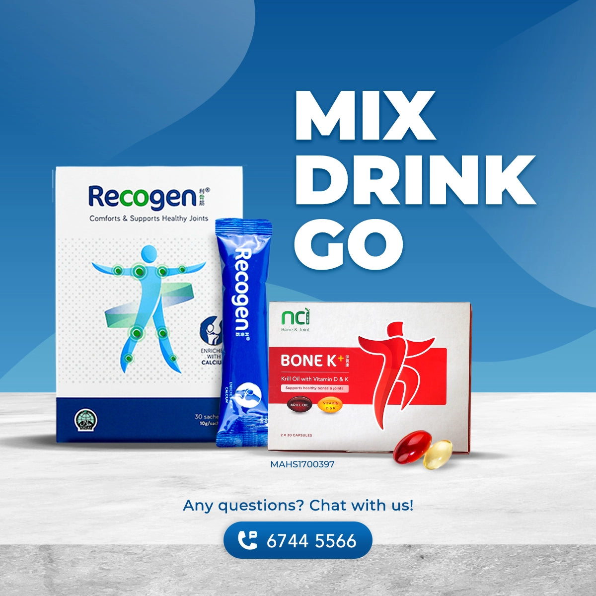 NCI Recogen helps with joint cartilage, while Bone K+® supports bone health. Order via 6744 5566 now!