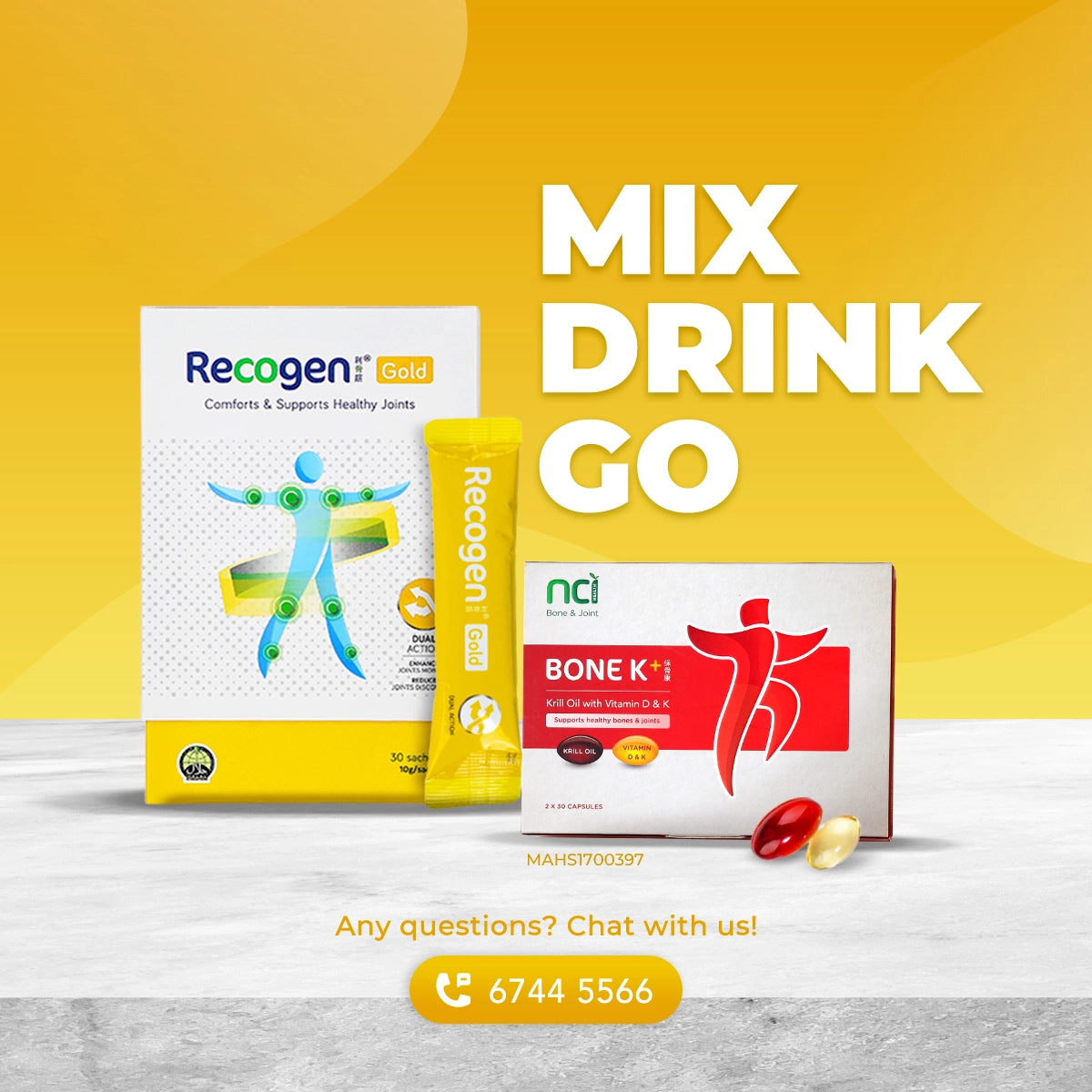 NCI Recogen helps with joint cartilage, while Bone K+® supports bone health. Order via 6744 5566 now!