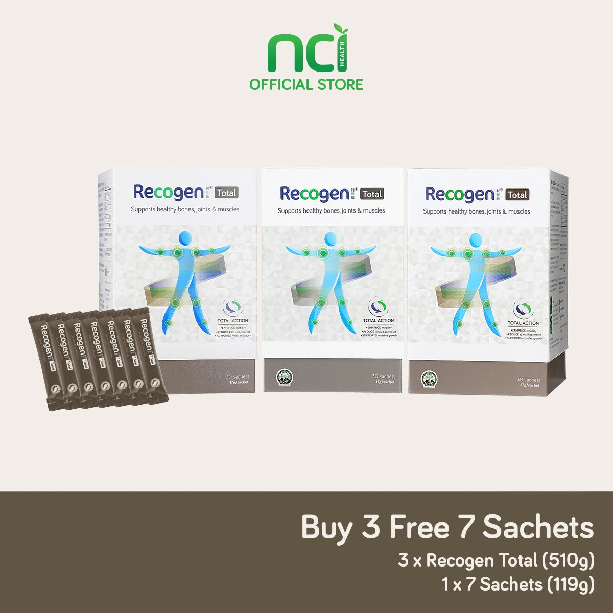 NCI Recogen Total joint supplement Singapore supports joint, bone and muscle growth. Order via 6744 5566 now!