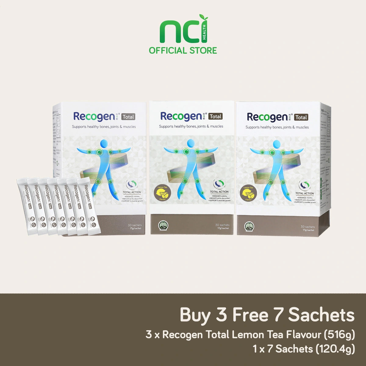 NCI Recogen Total Lemon Tea joint supplement Singapore supports joint, bone and muscle growth. Order via 6744 5566 now!