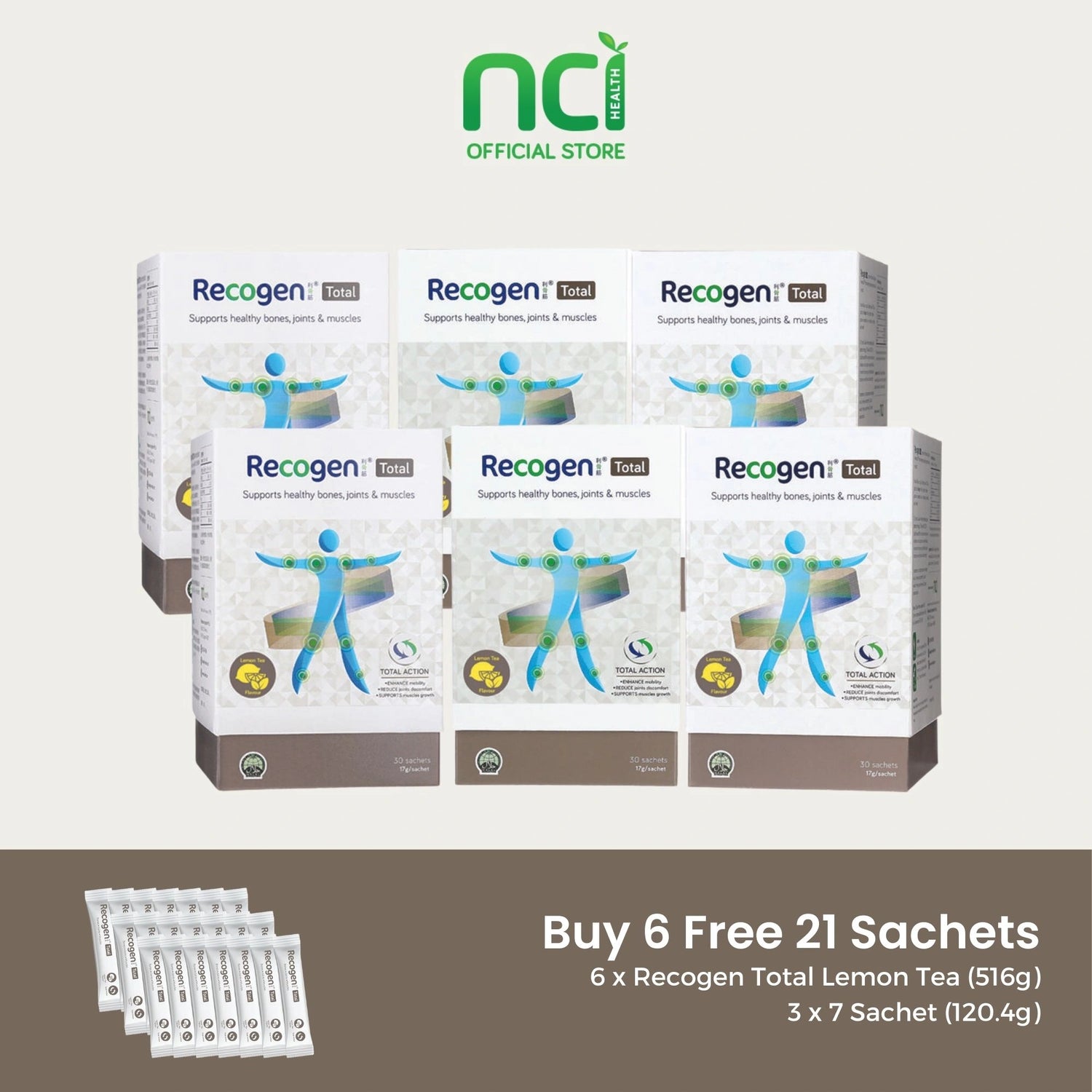 NCI Recogen Total Lemon Tea joint supplement Singapore supports joint, bone and muscle growth. Order via 6744 5566 now!