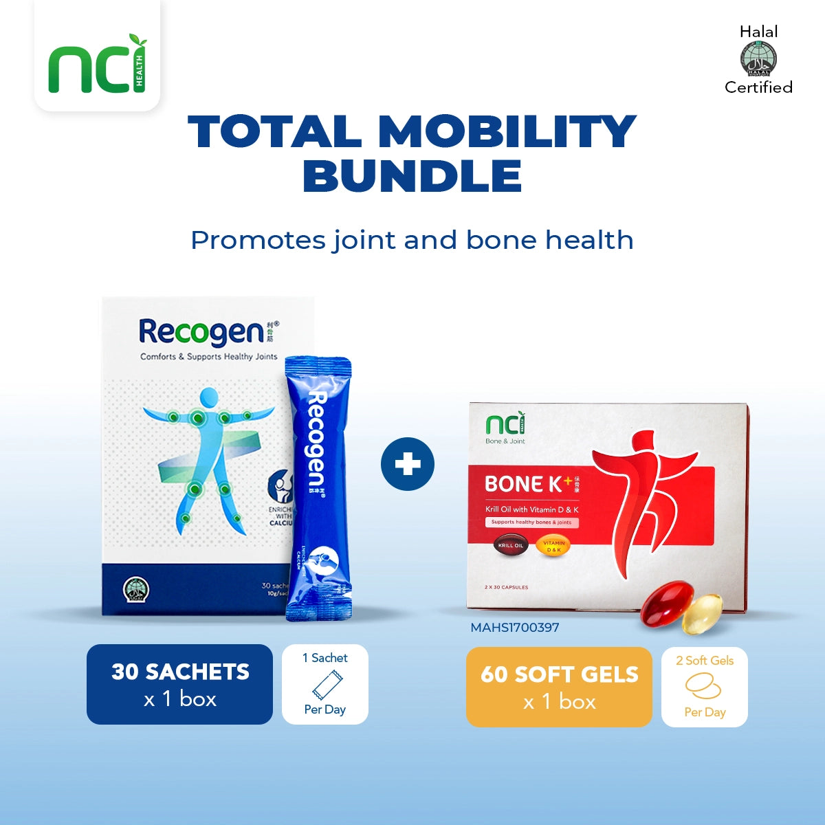 NCI Recogen helps with joint cartilage, while Bone K+® supports bone health. Order via 6744 5566 now!