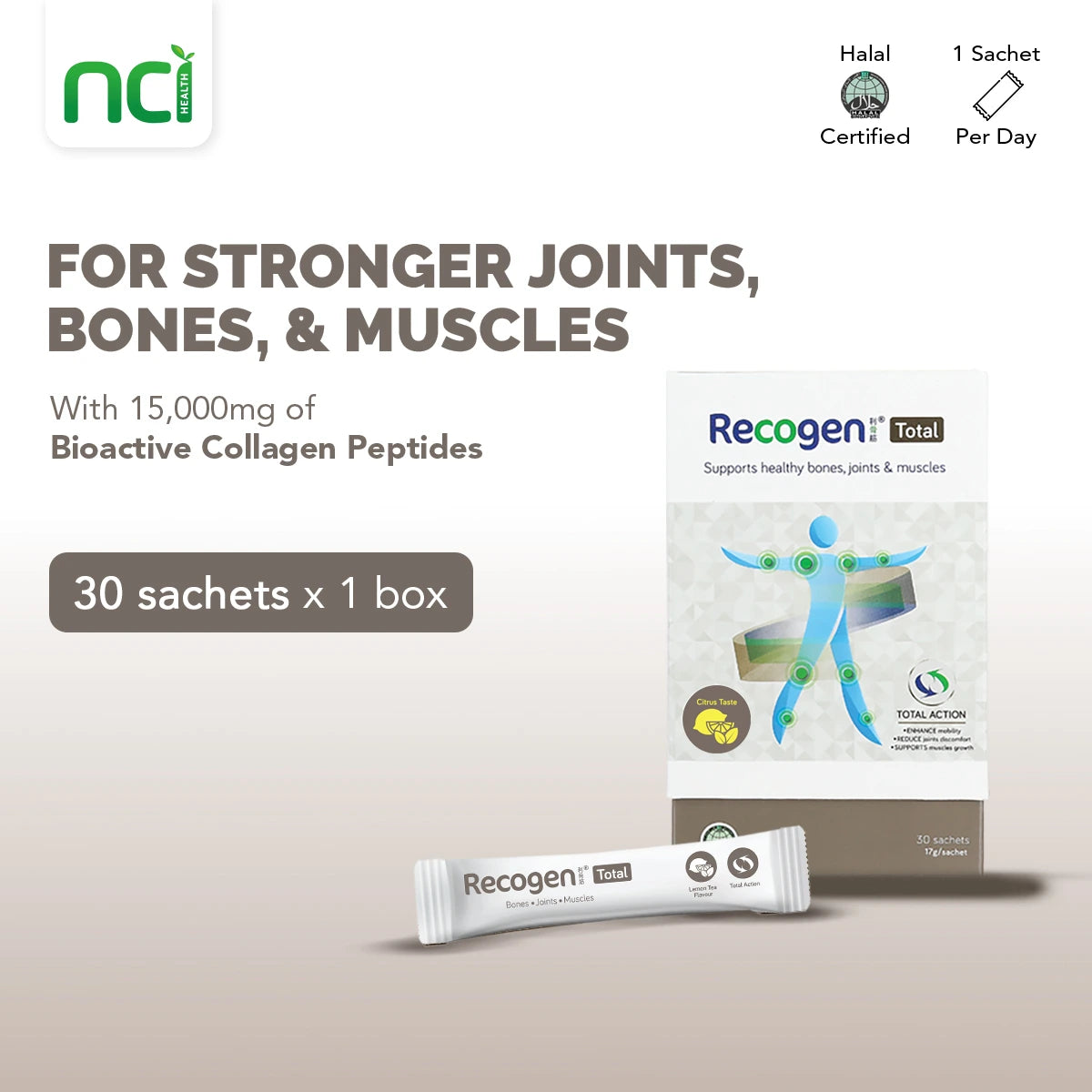 NCI Recogen Total Citrus flavour joint supplement Singapore supports joint, bone and muscle growth. Order via 6744 5566 now!