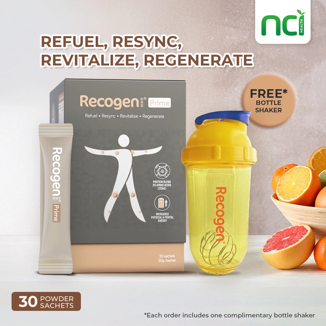 NCI Recogen Prime Collagen and Whey protein isolate energy and joint supplement Singapore helps regenerate, refuel, resync and resync. Order via 6744 5566 now!