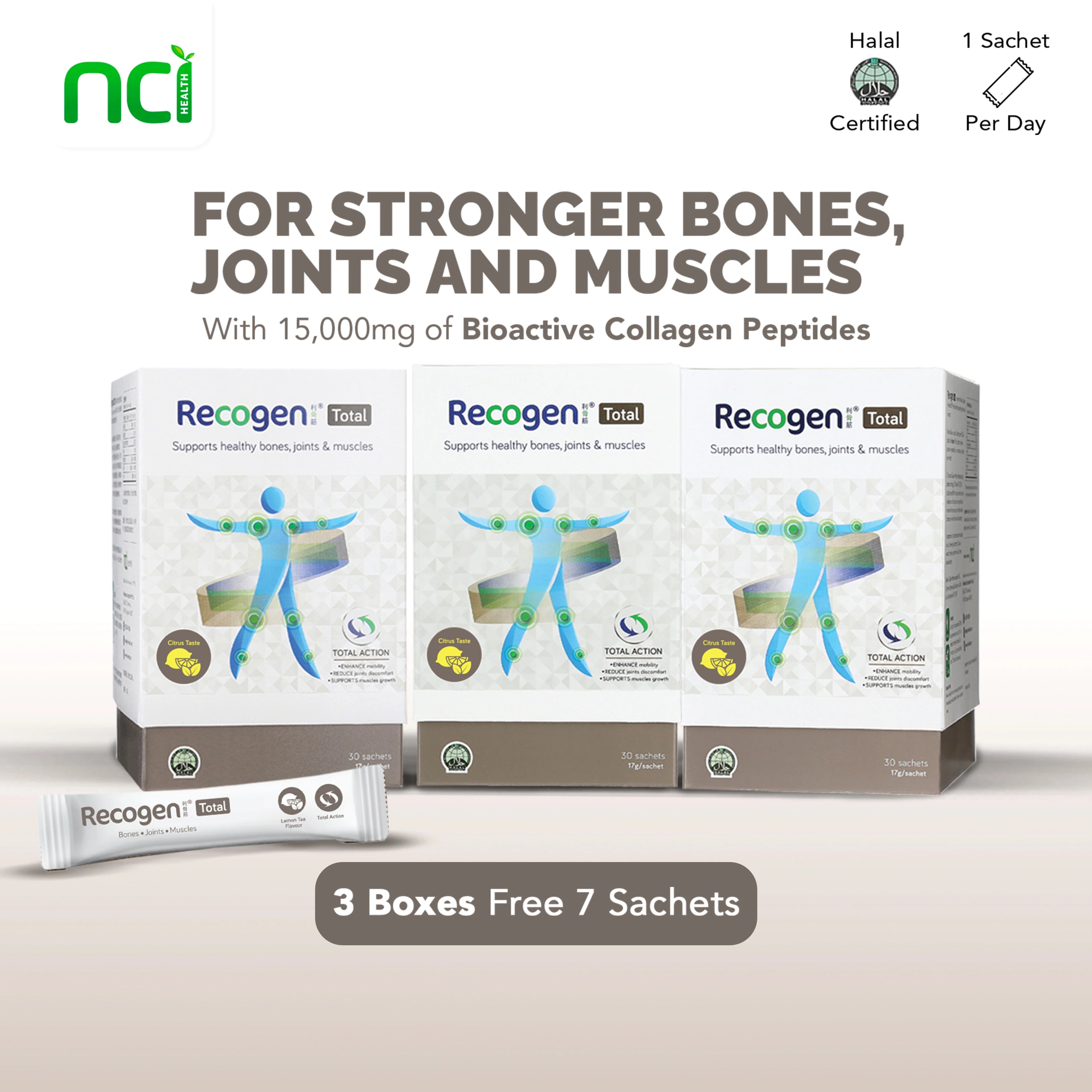 NCI Recogen Total Citrus flavour joint supplement Singapore supports joint, bone and muscle growth. Order via 6744 5566 now!