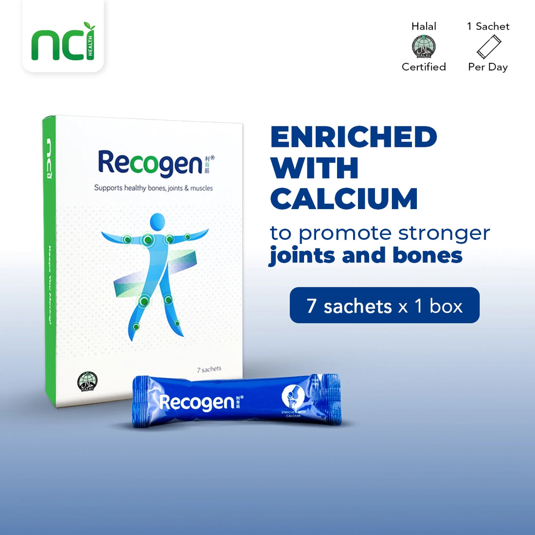 NCI Recogen Calcium joint supplement Singapore is enriched with calcium for strong joints and bones. Order via 6744 5566 now!