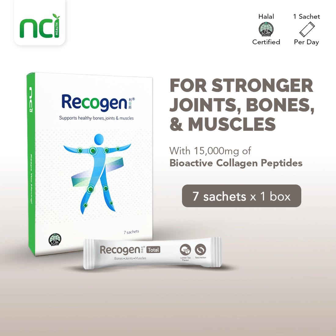 NCI Recogen Total Lemon Tea joint supplement Singapore supports joint, bone and muscle growth. Order via 6744 5566 now!