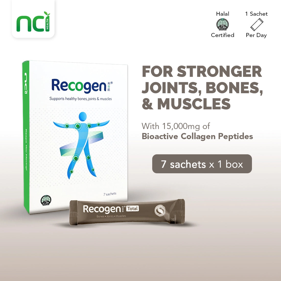 NCI Recogen Total joint supplement Singapore supports joint, bone and muscle growth. Order via 6744 5566 now!